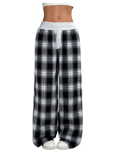 GORGLITTER Freizeithose Damen Lang Weites Bein Lounge Hose Karierte Hose Stoffhose Mit Gummizug Y2k Hose High Waist Jogginghose Stretch Hose Gerade Hose Schwarz und Weiß L von GORGLITTER