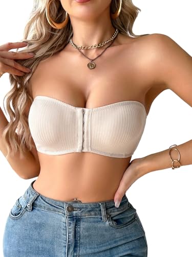 GORGLITTER Frontverschluss BH Damen Push UP Bra Bügel Bralettes Trägerlos Verstellbar Bustier Mikro Crop Tube Top Elastizität Unterwäsche Aprikosenfarben M von GORGLITTER
