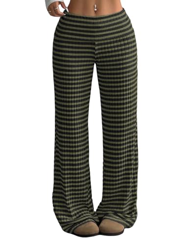 GORGLITTER Gestreift Hose Damen Elegant Baggy Weitem Bein Freizeithose Strickhose Drop Waist Causal Hosen mit Streifen Stoffhose mit Kordelzug Herbst Armeegrün XS GORGLITTER Gestreift Hose Damen Elegant Baggy Weitem Bein Freizeithose Strickhose Drop Waist Causal Hosen mit Streifen Stoffhose mit Kordelzug Herbst Armeegrün XS von GORGLITTER