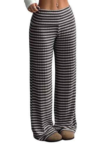 GORGLITTER Gestreift Hose Damen Elegant Baggy Weitem Bein Freizeithose Strickhose Drop Waist Causal Hosen mit Streifen Stoffhose mit Kordelzug Herbst Grau M GORGLITTER Gestreift Hose Damen Elegant Baggy Weitem Bein Freizeithose Strickhose Drop Waist Causal Hosen mit Streifen Stoffhose mit Kordelzug Herbst Grau M von GORGLITTER