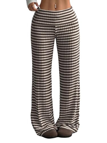 GORGLITTER Gestreift Hose Damen Elegant Baggy Weitem Bein Freizeithose Strickhose Drop Waist Causal Hosen mit Streifen Stoffhose mit Kordelzug Herbst Kaffeebraun L von GORGLITTER