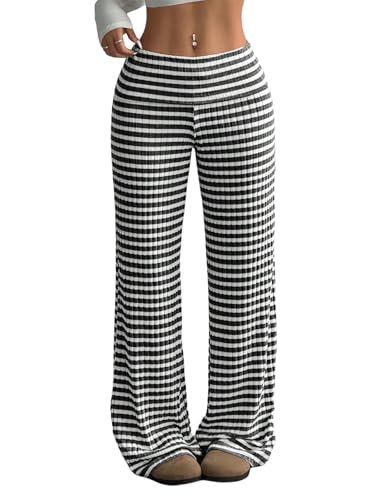 GORGLITTER Gestreift Hose Damen Elegant Baggy Weitem Bein Freizeithose Strickhose Drop Waist Causal Hosen mit Streifen Stoffhose mit Kordelzug Herbst Schwarz und Weiß XS von GORGLITTER