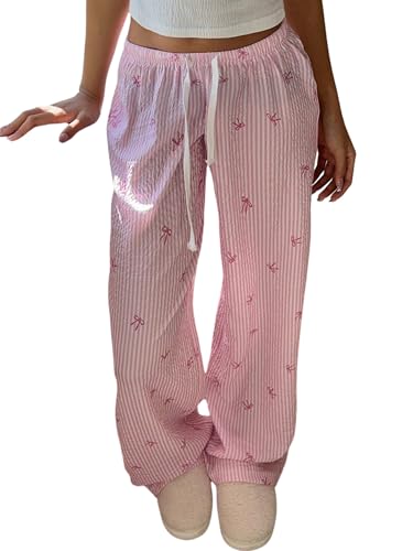 GORGLITTER Gestreifte Hose Damen Y2k Damenhose Mit Gummizug Leichte Sommerhose Weite Hose Sommer Freizeithose Mit Schleife Sommer Hosen Locker Rosa M von GORGLITTER