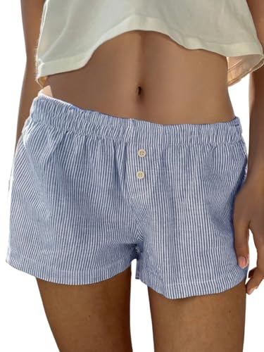 GORGLITTER Gestreifte Shorts Damen Sommer Lässig Schlafshorts Kurz Musselin Shorts Mit Streifen Strandshorts Y2k Kurze Hose Weitem Bein Blau und Weiß L von GORGLITTER