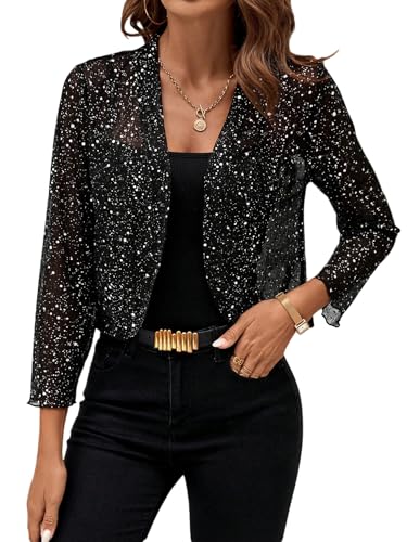 GORGLITTER Glitzer Oberteile Damen Party Outfit Mesh Glitzer Jacke Transparente Jacke Festival Outfit Sommer Cardigan Leicht Langarm Tops Schwarz L von GORGLITTER