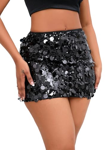 GORGLITTER Glitzer Rock Damen Kurz Minirock Hohe Taille Glitzerrock Pailettenrock Karneval Rock Party Kostüm Festival Rave Outfit Schwarz L von GORGLITTER