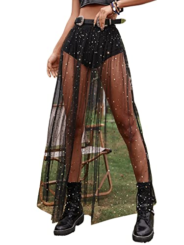 GORGLITTER Glitzer Rock Damen Party Rock Mit Mesh Transparent Rock Mit Hose Drunter 2 In 1 Rock Mit Galaxie Muster Schwarz L von GORGLITTER