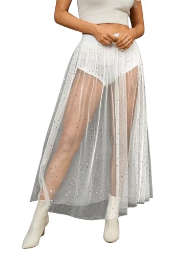 GORGLITTER Glitzer Rock Damen Party Rock Mit Mesh Transparent Rock Mit Hose Drunter 2 In 1 Rock Mit Galaxie Muster Weiß M von GORGLITTER