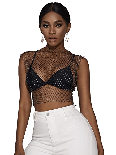 GORGLITTER Glitzer Top Damen Party Bauchfrei Top Mit Strass Y2k Durchsichtiges Oberteil Sexy Fischnetz Crop Top Schwarz L von GORGLITTER