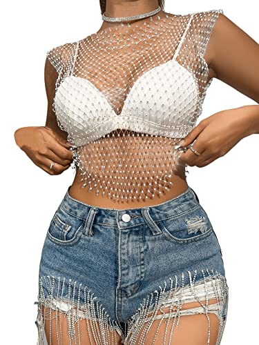 GORGLITTER Glitzer Top Damen Party Bauchfrei Top Mit Strass Y2k Durchsichtiges Oberteil Sexy Fischnetz Crop Top Weiß S von GORGLITTER