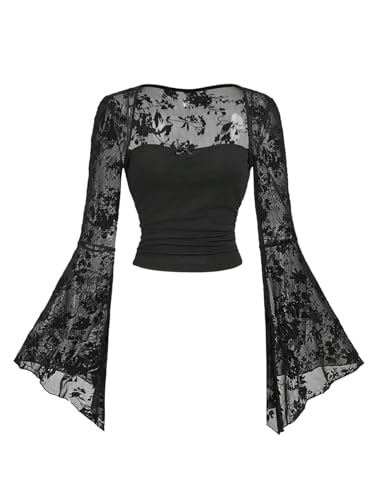 GORGLITTER Gothic Oberteil Damen Langarm Spitzen Oberteile Mesh Langarmshirt Festival Outfit Cropped Shirt Mit Spitze Tshirt Herbst Outfit Schwarz M GORGLITTER Gothic Oberteil Damen Langarm Spitzen Oberteile Mesh Langarmshirt Festival Outfit Cropped Shirt Mit Spitze Tshirt Herbst Outfit Schwarz M von GORGLITTER