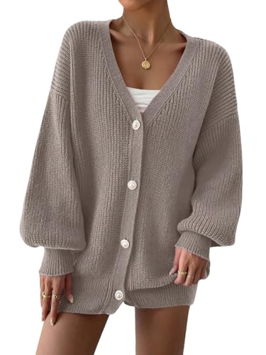 GORGLITTER Grobstrickjacke Damen Lang Herbst Strickjacke Mit Knöpfen Strickpullover Oversize Cardigan Warme Strickjacke Herbst Winter Outfit Aprikosenfarben M von GORGLITTER