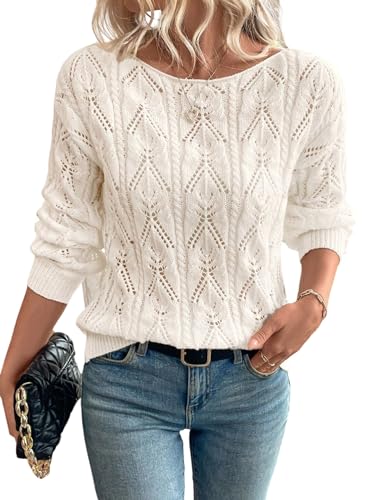 GORGLITTER Häkelpullover Damen Oversize Elegant Strickpullover Mit Spitze Sweater Herbst Pullover Leicht Strickpulli Herbst Outfit Beige XL von GORGLITTER