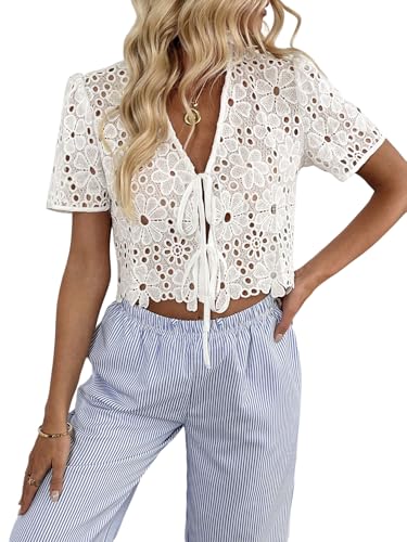 GORGLITTER Häkeltop Damen Boho Crop Blusentops Spitzen Oberteile Sommer Strickjacke Leicht Spitzentop Blusenshirt Transparente Blusen Weiß L von GORGLITTER