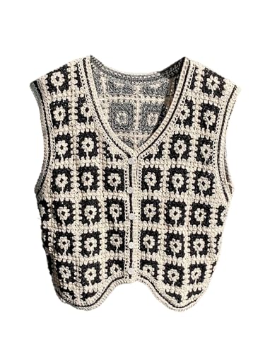 GORGLITTER Häkelweste Damen Ärmellos Strickweste Mit Blumen Boho Weste Damenwesten Sommer Outfits Gehäkeltes Top Strickjacke Vintage Tops Schwarz und Weiß L von GORGLITTER