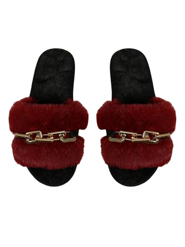 GORGLITTER Hausschuhe Damen Offene Zehe Pantoffeln Flauschiger Hauspantoffeln mit Kette Flache Slippers Winter Indoor Schuhe Bordeaux CN36/37 von GORGLITTER