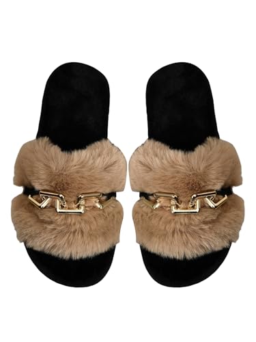 GORGLITTER Hausschuhe Damen Offene Zehe Pantoffeln Flauschiger Hauspantoffeln mit Kette Flache Slippers Winter Indoor Schuhe Khaki EUR36/37 von GORGLITTER
