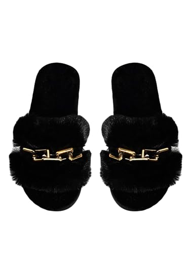 GORGLITTER Hausschuhe Damen Offene Zehe Pantoffeln Flauschiger Hauspantoffeln mit Kette Flache Slippers Winter Indoor Schuhe Schwarz EUR42/43 von GORGLITTER