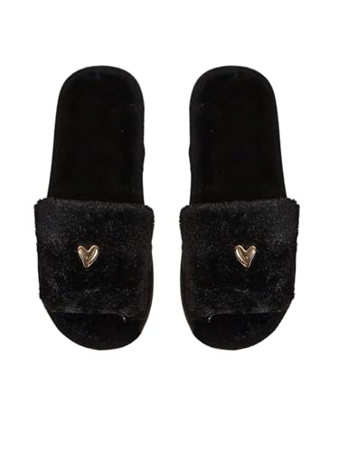 GORGLITTER Hausschuhe Damen Winter Offene Zehen Schuhe Schlafzimmer Waschbar Flauschige Slides Slippers Plüsch Warme Rutschfeste Herz Pantoffeln Schwarz CN36/37 von GORGLITTER