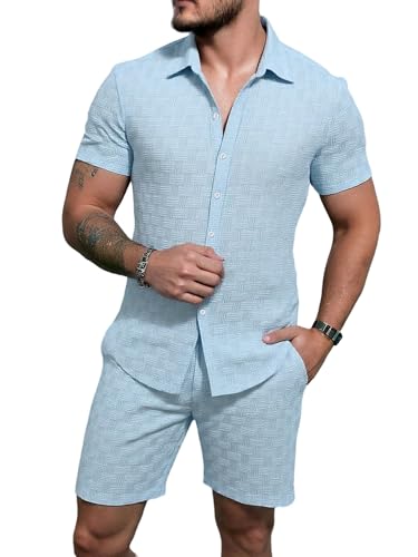 GORGLITTER Herren Anzug Set Hemdshirt und Shorts 2-teiliger Sommer Outfits Casual Urlaub Freizeitanzug Hawaii Outfit Urlaubskleidung Set Hellblau XXL von GORGLITTER