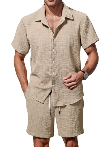 GORGLITTER Herren Anzug Set Hemdshirt und Shorts 2-teiliger Sommer Outfits Casual Urlaub Freizeitanzug Hawaii Outfit Urlaubskleidung Set Mokka Braun L von GORGLITTER