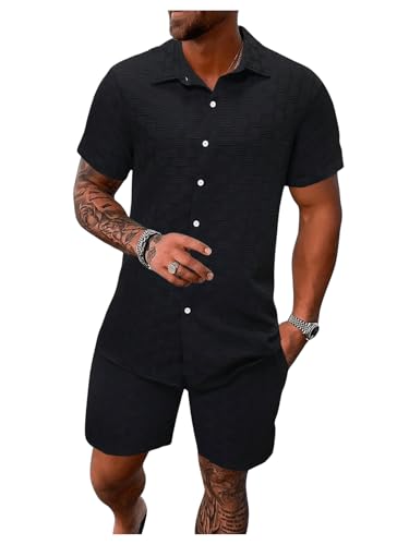 GORGLITTER Herren Anzug Set Hemdshirt und Shorts 2-teiliger Sommer Outfits Casual Urlaub Freizeitanzug Hawaii Outfit Urlaubskleidung Set Schwarz M von GORGLITTER