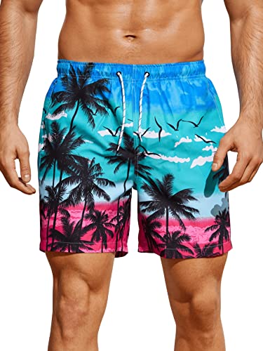 GORGLITTER Herren Badehose Shorts Kurze Sommerhose Elastischer Bund Badeshorts für Männer Tropisch Surfen Strandhose Surf Shorts mit Taschen Blau und Rosa L von GORGLITTER