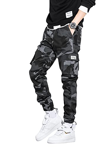 GORGLITTER Herren Camouflage Cargo Hose Cargohose Elastischer Bund Lange Capri Lange Hosen Cargopants mit Tunnelzug Grau L von GORGLITTER