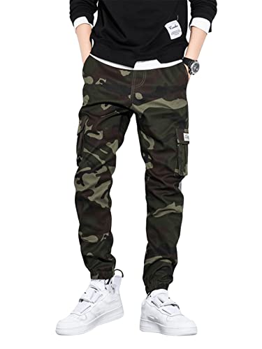 GORGLITTER Herren Camouflage Cargo Hose Cargohose Elastischer Bund Lange Capri Lange Hosen Cargopants mit Tunnelzug Grün S von GORGLITTER