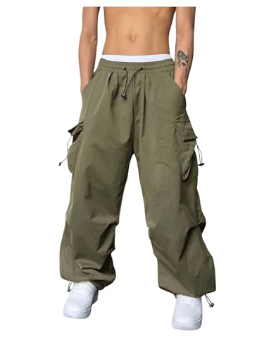GORGLITTER Herren Cargo Hose Baggy Cargohose mit Taschen Y2k Sweathose Lange Capri Hose Streatwear mit Tunnelzug Armeegrün XL von GORGLITTER