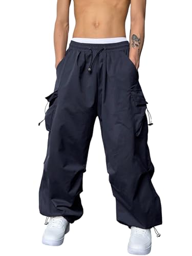 GORGLITTER Herren Cargo Hose Baggy Cargohose mit Taschen Y2k Sweathose Lange Capri Hose Streatwear mit Tunnelzug Dunkelblau M von GORGLITTER
