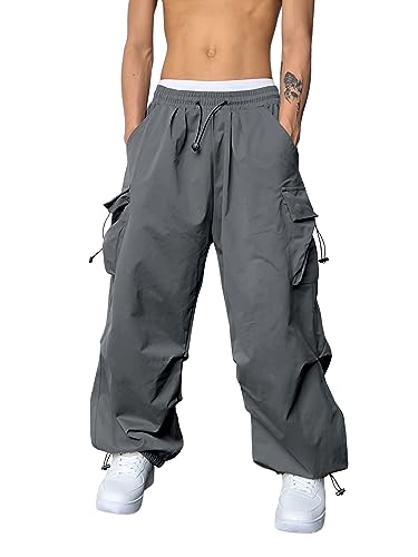 GORGLITTER Herren Cargo Hose Baggy Cargohose mit Taschen Y2k Sweathose Lange Capri Hose Streatwear mit Tunnelzug Dunkelgrau XL von GORGLITTER