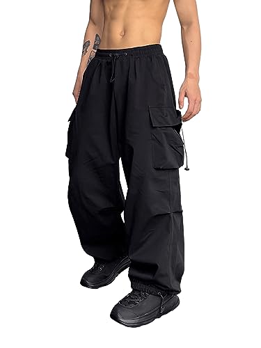 GORGLITTER Herren Cargo Hose Baggy Cargohose mit Taschen Y2k Sweathose Lange Capri Hose Streatwear mit Tunnelzug Schwarz L von GORGLITTER