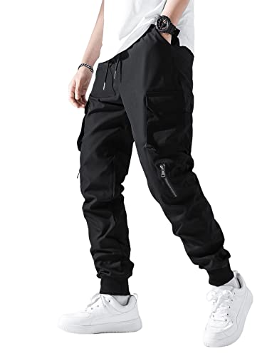 GORGLITTER Herren Cargo Hose Ziehbändchen Cargohose Elastischer Bund Lange Capri Lange Hosen mit Reißverschluss Schwarz M von GORGLITTER