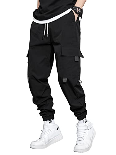 GORGLITTER Herren Cargo Hose Ziehbändchen Cargohose Elastischer Bund Lange Locker Lange Hosen Cargopants mit Tunnelzug Schwarz S von GORGLITTER