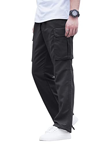 GORGLITTER Herren Cargohose Ziehbändchen Cargo Hose Elastischer Bund Lange Capri Lange Hosen mit Tunnelzug Schwarz L von GORGLITTER