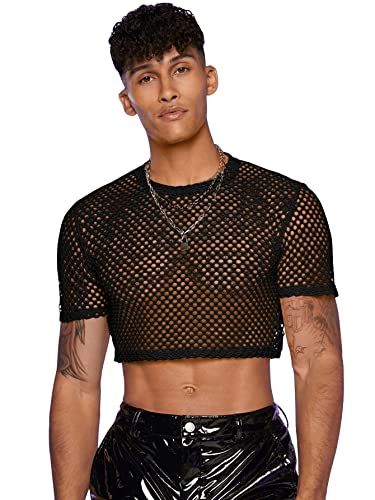 GORGLITTER Herren Crop Top mit Fischnetz T-Shirt Bauchfreies Tops Mesh Kurzarmshirt Transparent Oberteil Schwarz S von GORGLITTER