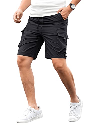 GORGLITTER Herren Shorts Cargo Hose Kurze Cargohose Elastischer Bund Capri Sommerhosen Cargoshorts mit Tunnelzug Schwarz L von GORGLITTER