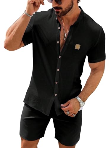 GORGLITTER Herren Sommer Anzug Set Hemdshirt und Shorts 2-teiliger Outfits Kurzarmhemd Freizeitanzug Urlaub Hawaii Outfit Casualanzug Schwarz L von GORGLITTER