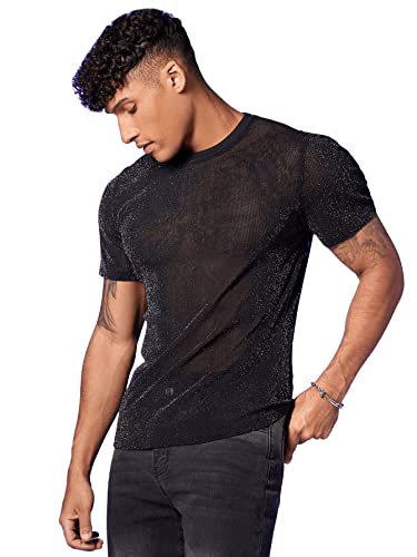 GORGLITTER Herren Transparent Netz T-Shirt Kurzarm Mesh-Oberteil Slim Hemd Runhals Shirt Tops mit Glitzer Schwarz L von GORGLITTER