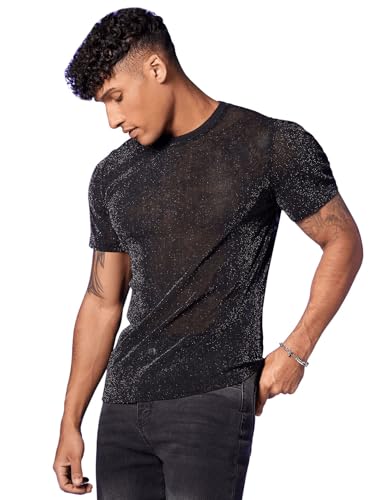 GORGLITTER Herren Transparent Netz T-Shirt Kurzarm Mesh-Oberteil Slim Hemd Runhals Shirt Tops mit Glitzer Schwarz S von GORGLITTER