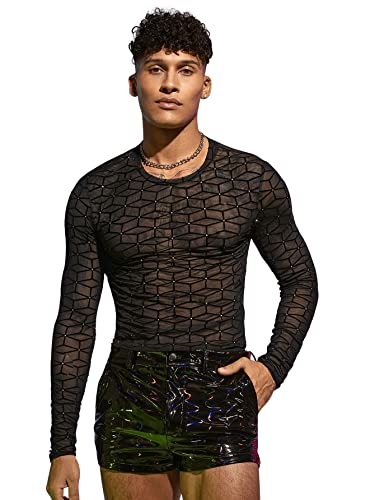 GORGLITTER Herren Transparent Netz T-Shirt Rollkragen Langarmshirts Durchsichtig Oberteil Herbstshirt Schwarz XL von GORGLITTER