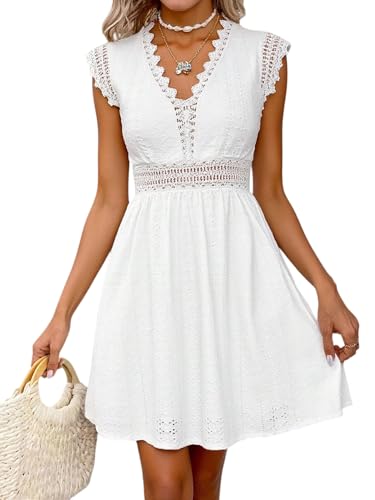GORGLITTER Hochzeitsgast Kleid Damen Elegante Kleider Mit Spitze Minikleid Sommerkleid Mit Hose Spitzenkleid Mit V Ausschnitt Elegantes Kleid Weiß XS von GORGLITTER