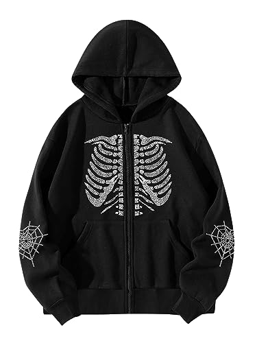 GORGLITTER Hoodie Mit Reißverschluss Damen Fleecejacke Mit Kapuze Hoodie Mit Skelett Strass Kapuzenpullover Mit Taschen Y2k Hoodie Jacke Schwarz L von GORGLITTER