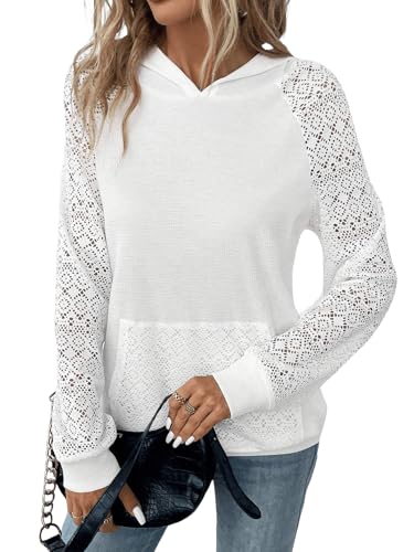 GORGLITTER Hoodie Mit Spitze Damen Kapuzenpullover Mit Taschen Spitzen Oberteil Sweatshirt Mit Kapuze Leichte Pullover Weiß M von GORGLITTER