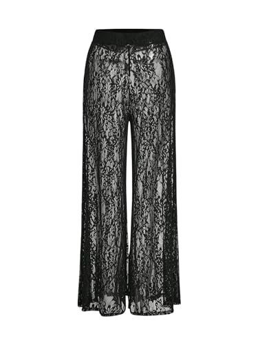 GORGLITTER Hose Damen Durchsichtig Schlaghose aus Spitzen Transparent Festival Outfit Hose Rave Hose Locker Hosen Schwarz L von GORGLITTER