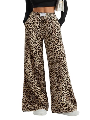GORGLITTER Hose Damen Lang Leoparden Breite Bein Freizeithose Hohe Taille Palazzo Hose mit Taschen Locker Casualhose Sweatpants Herbst Outfit Leopardenparden L von GORGLITTER
