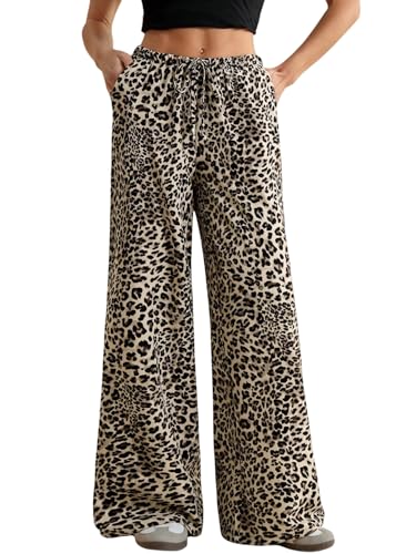 GORGLITTER Hose Damen Lang Y2K Breites Bein Hosen Leopardenmuster Freizeithose mit Taschen Causalhose Palazzo Sweathose Drop Waist Leoparden XL von GORGLITTER