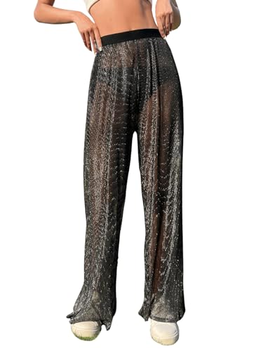 GORGLITTER Hose Damen Transparent Schlaghose Mesh Lange Hosen Hohe Taille Strandhose Cover Up mit Elastischer Bund Schwarz M von GORGLITTER