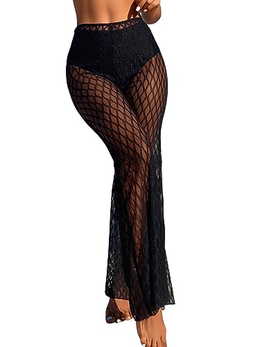 GORGLITTER Transparent Hose Damen Cover Up Schlaghose Fischnetz Hosen Strandhose Cover-Up Party Pants Schwarz XS von GORGLITTER